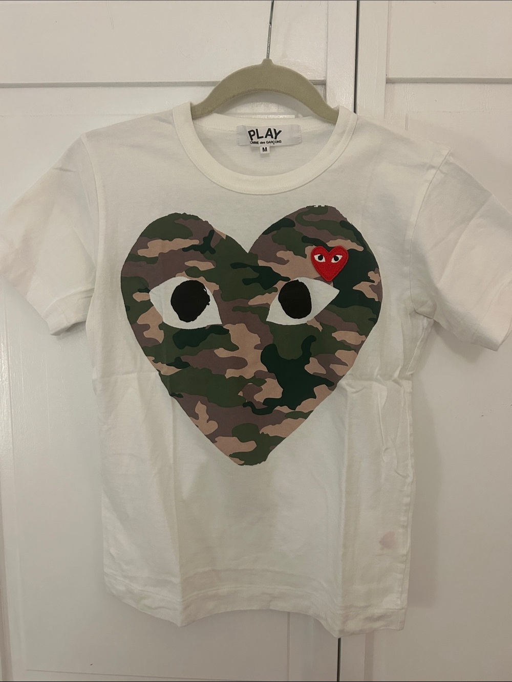 Comme des Garcons PLAY White Tee with Camo Heart and Red Heart Logo
